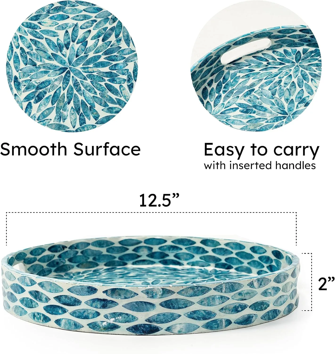 CLAYNIX Serving Tray 12.5 Inch, Lacquer Mother of Pearl Inlay Mosaic Tray, Round Wooden Marble Tray with Handles Trays for Tea, Breakfast (Flower Style)