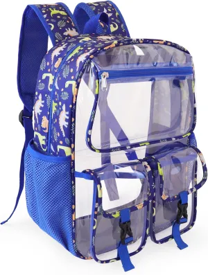 Clear Backpack for Boys, School Kids Heavy Duty See Through Bookbag Dinosaur Transparent Backpacks with Thicker Straps, Blue