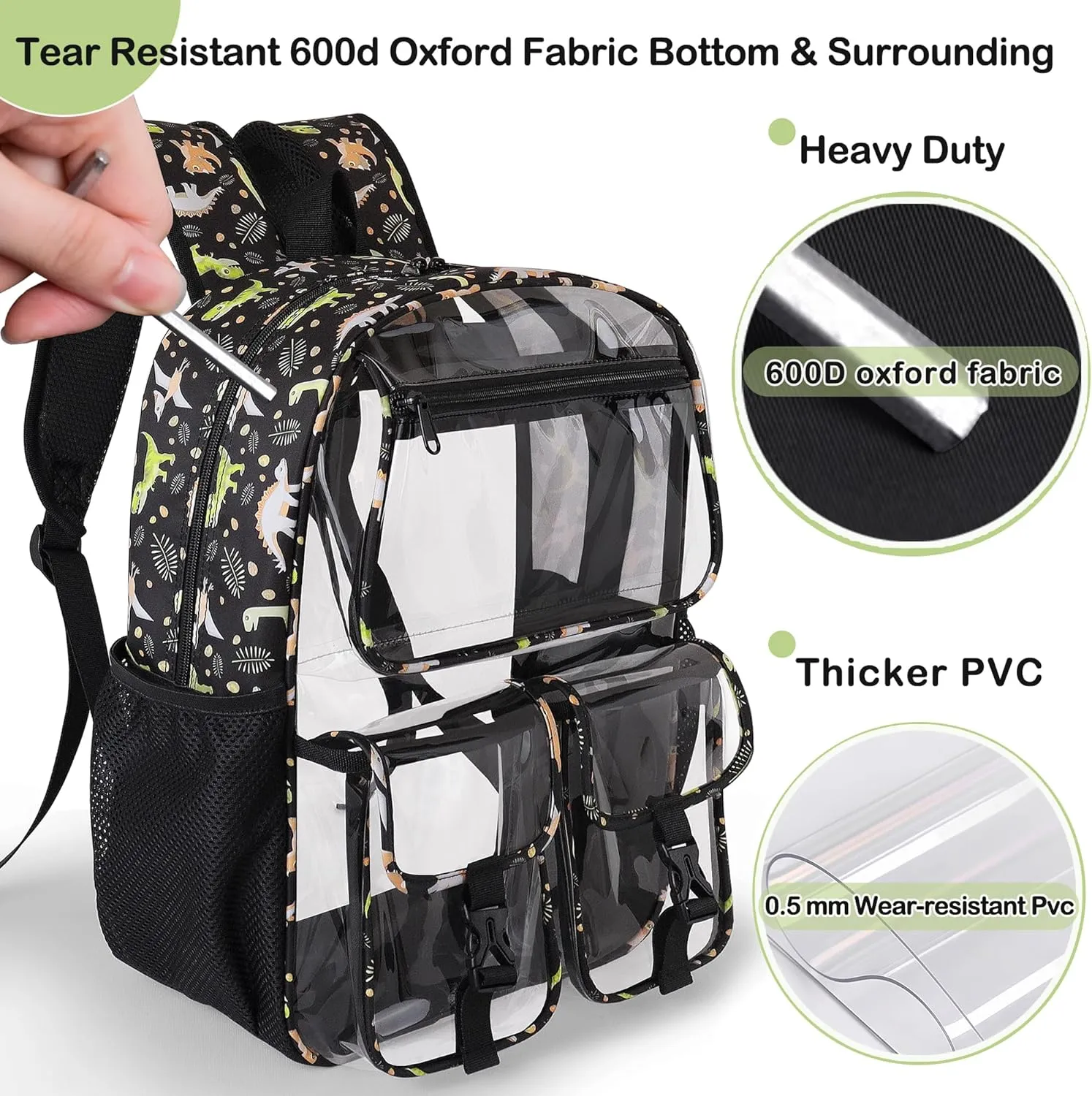 Clear Backpack for Boys, School Kids Heavy Duty See Through Bookbag Dinosaur Transparent Backpacks with Thicker Straps