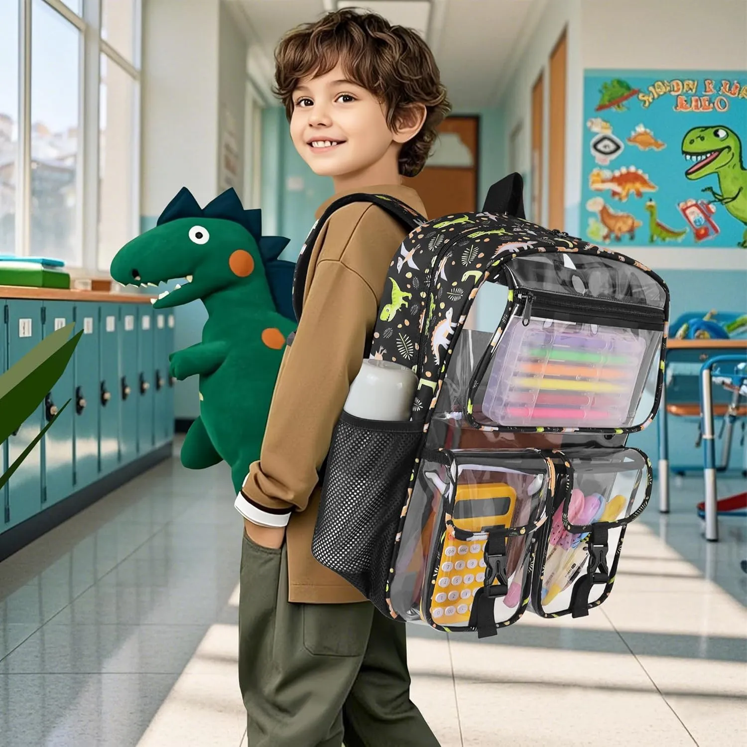 Clear Backpack for Boys, School Kids Heavy Duty See Through Bookbag Dinosaur Transparent Backpacks with Thicker Straps