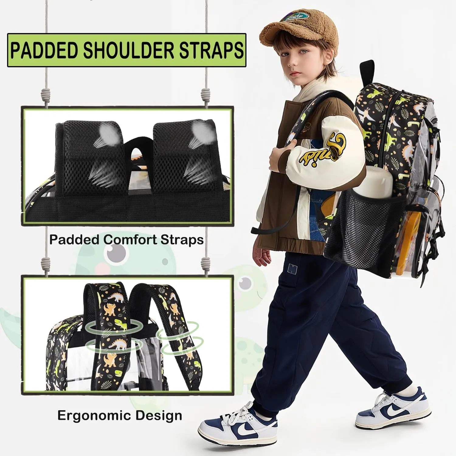 Clear Backpack for Boys, School Kids Heavy Duty See Through Bookbag Dinosaur Transparent Backpacks with Thicker Straps