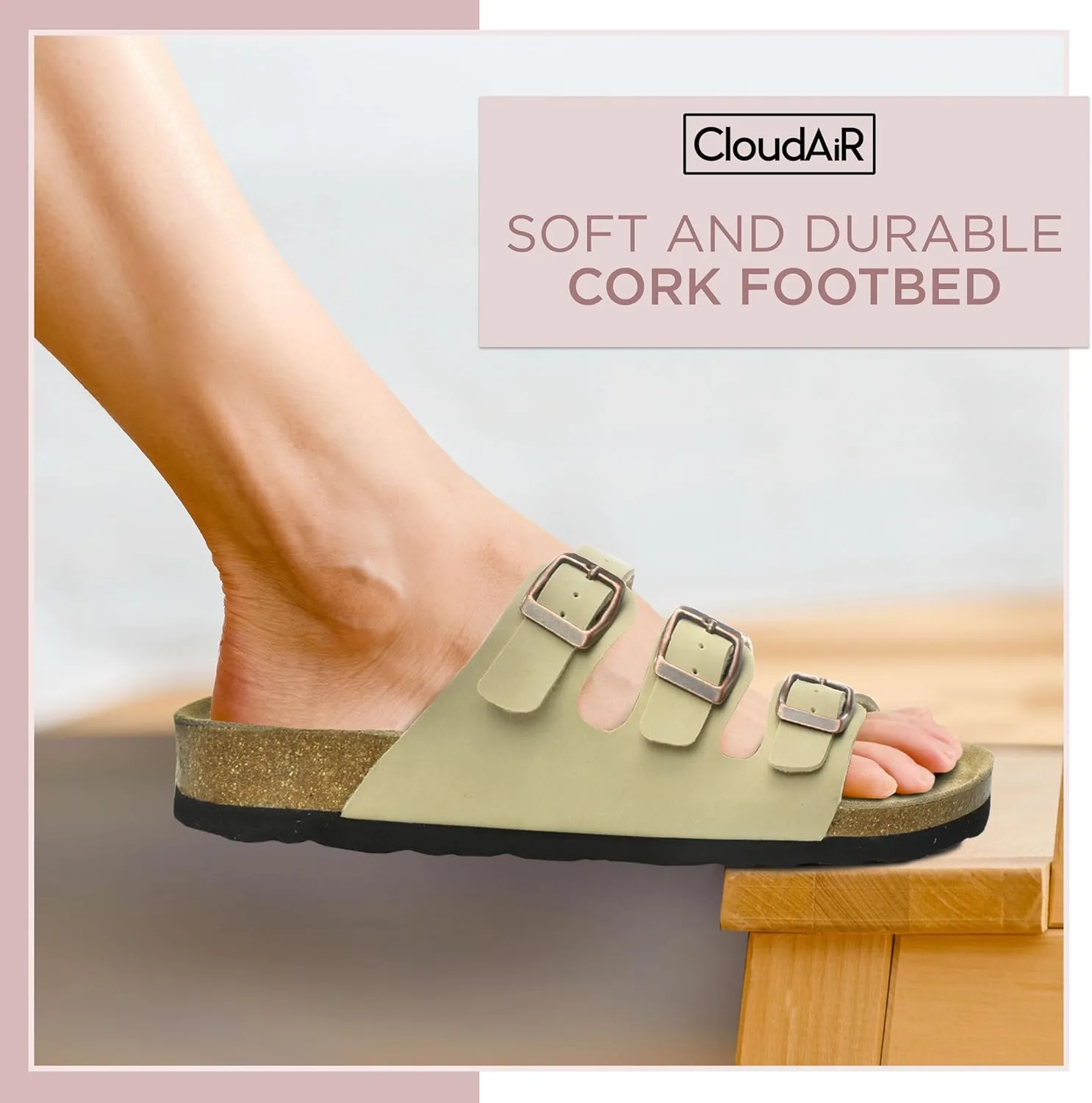 CLOUDAIR Ruth Sandals, Women’s Slides with Arch Support, Suede Vegan Leather, Adjustable 3 Buckle Straps and Cork Footbed