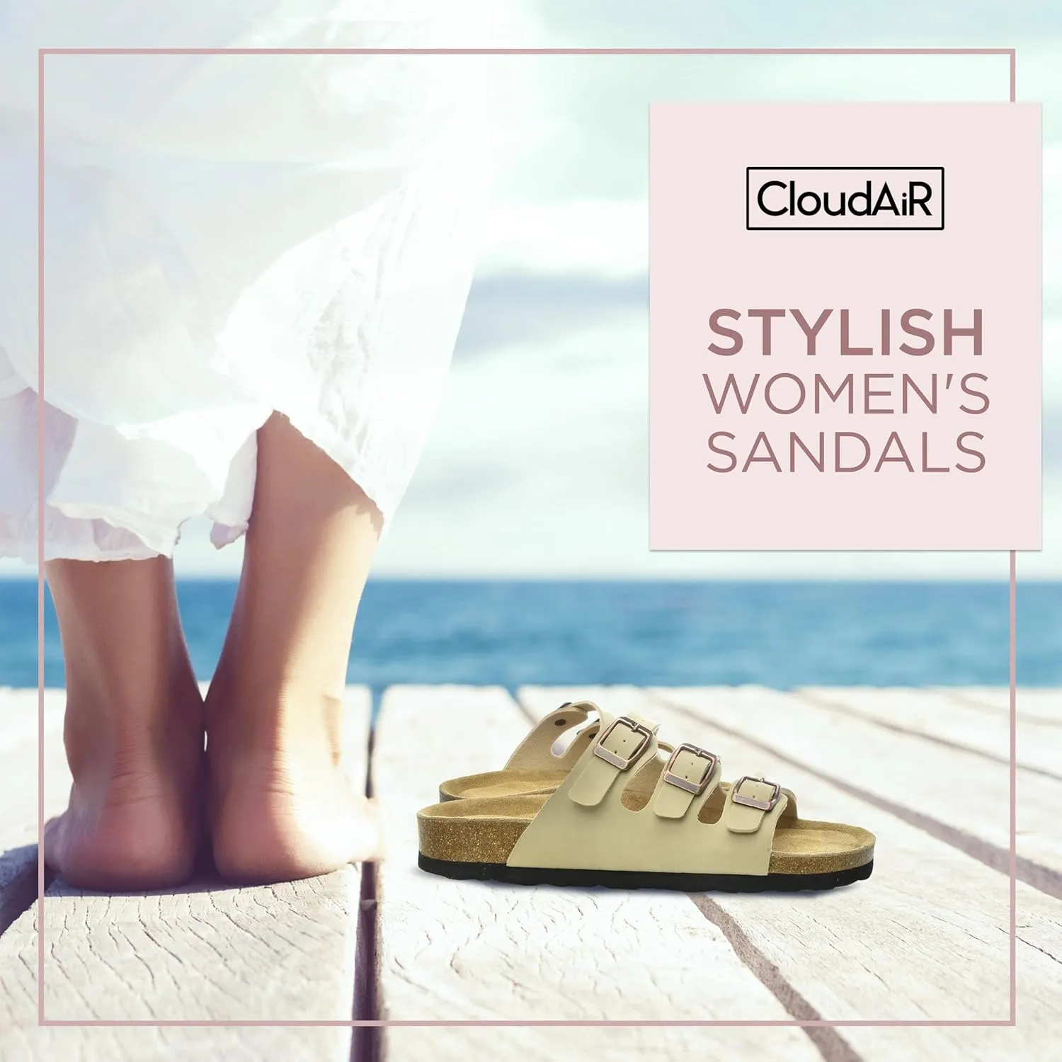 CLOUDAIR Ruth Sandals, Women’s Slides with Arch Support, Suede Vegan Leather, Adjustable 3 Buckle Straps and Cork Footbed