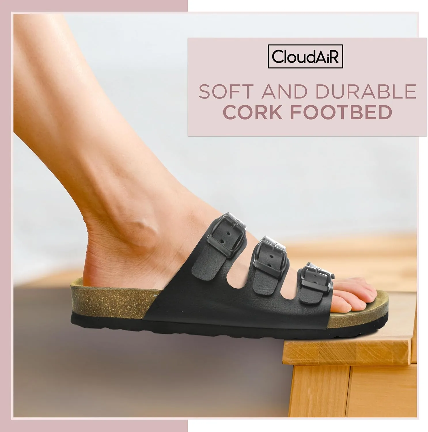 CLOUDAIR Ruth Sandals, Women’s Slides with Arch Support, Suede Vegan Leather, Adjustable 3 Buckle Straps and Cork Footbed