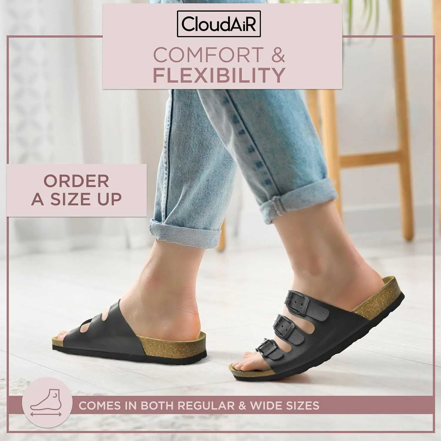 CLOUDAIR Ruth Sandals, Women’s Slides with Arch Support, Suede Vegan Leather, Adjustable 3 Buckle Straps and Cork Footbed