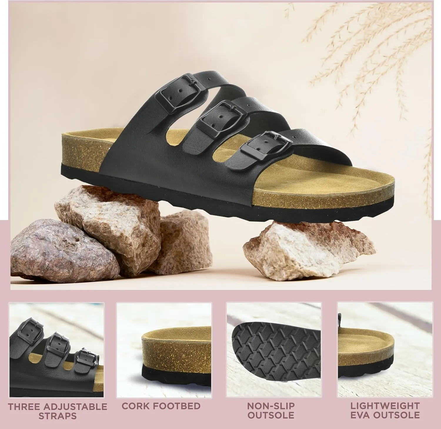 CLOUDAIR Ruth Sandals, Women’s Slides with Arch Support, Suede Vegan Leather, Adjustable 3 Buckle Straps and Cork Footbed
