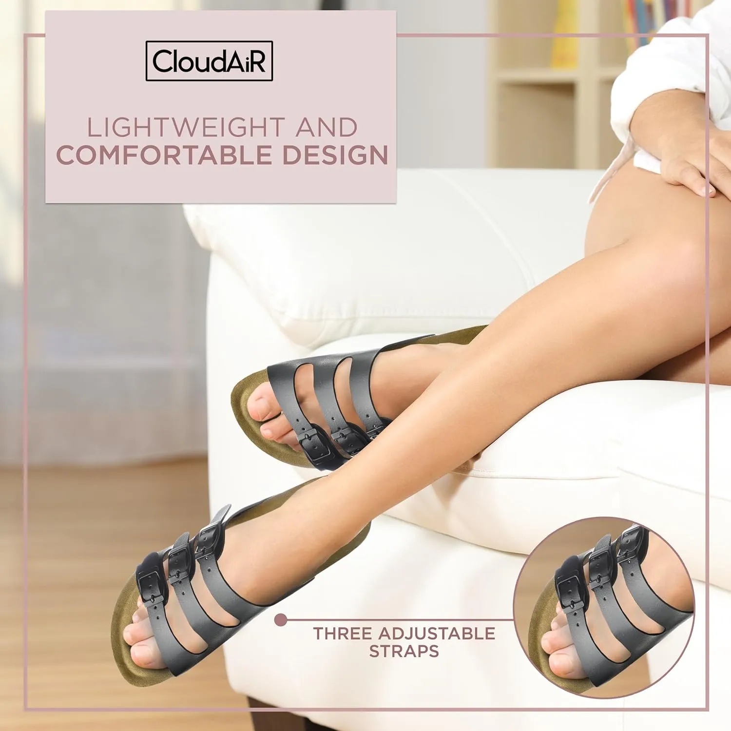 CLOUDAIR Ruth Sandals, Women’s Slides with Arch Support, Suede Vegan Leather, Adjustable 3 Buckle Straps and Cork Footbed