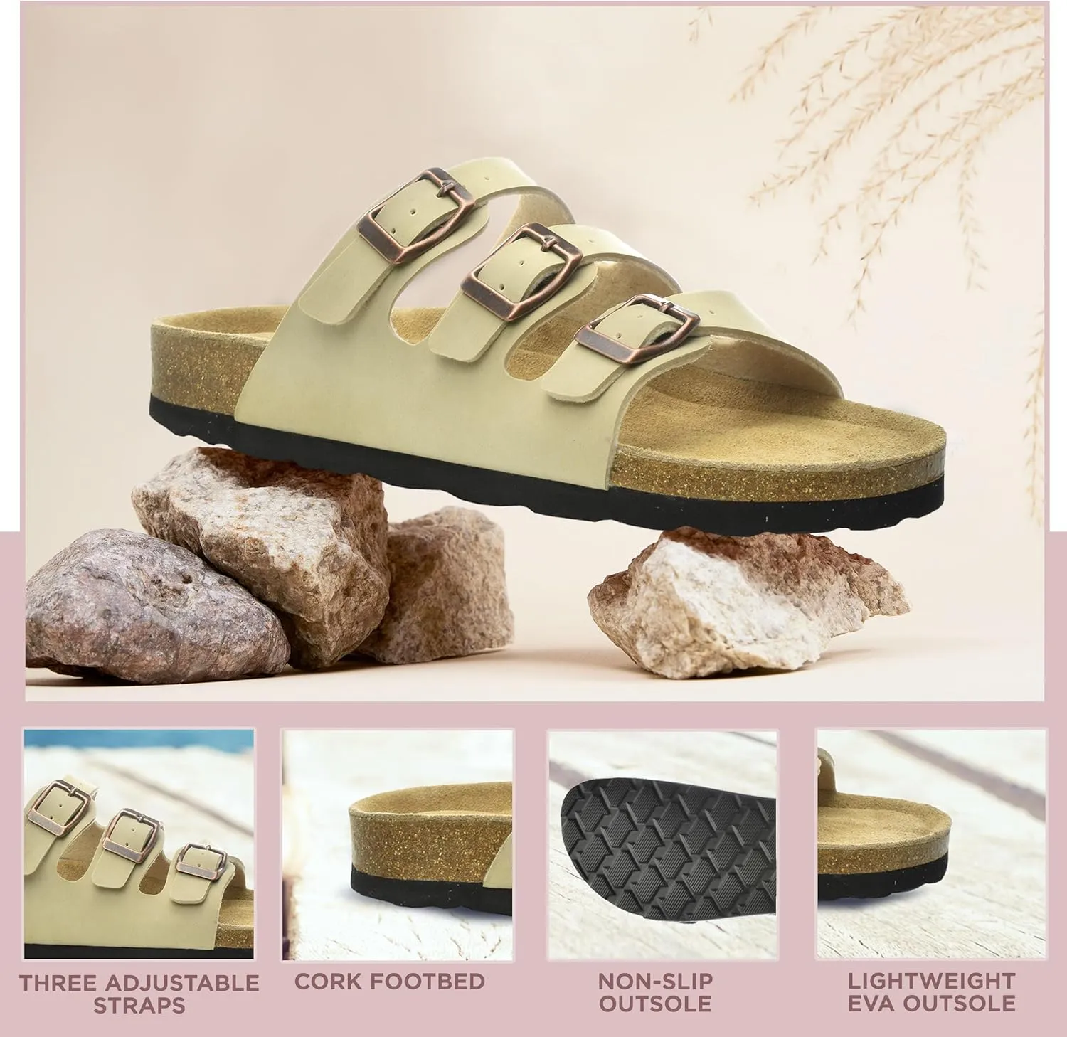 CLOUDAIR Ruth Sandals, Women’s Slides with Arch Support, Suede Vegan Leather, Adjustable 3 Buckle Straps and Cork Footbed