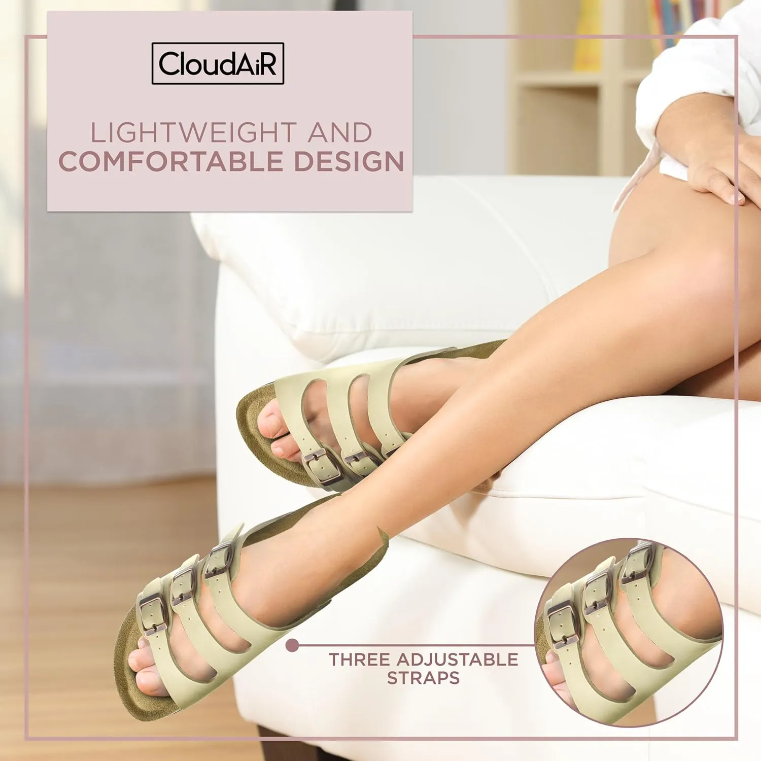 CLOUDAIR Ruth Sandals, Women’s Slides with Arch Support, Suede Vegan Leather, Adjustable 3 Buckle Straps and Cork Footbed
