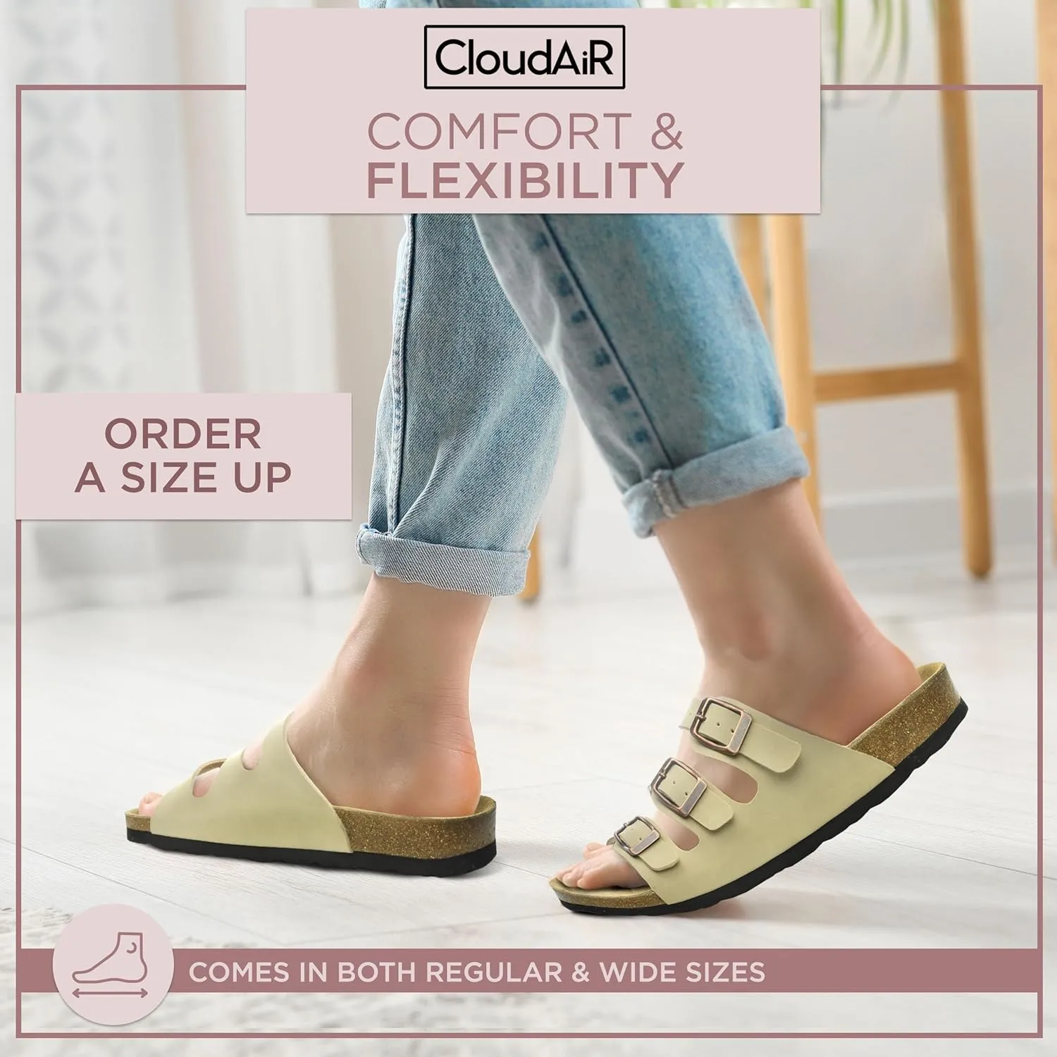 CLOUDAIR Ruth Sandals, Women’s Slides with Arch Support, Suede Vegan Leather, Adjustable 3 Buckle Straps and Cork Footbed