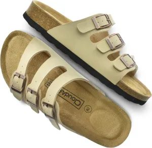 CLOUDAIR Ruth Sandals, Women’s Slides with Arch Support, Suede Vegan Leather, Adjustable 3 Buckle Straps and Cork Footbed