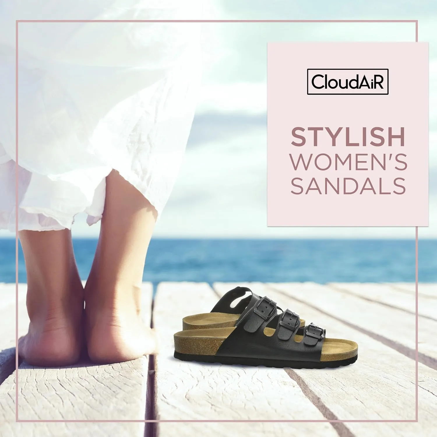 CLOUDAIR Ruth Sandals, Women’s Slides with Arch Support, Suede Vegan Leather, Adjustable 3 Buckle Straps and Cork Footbed