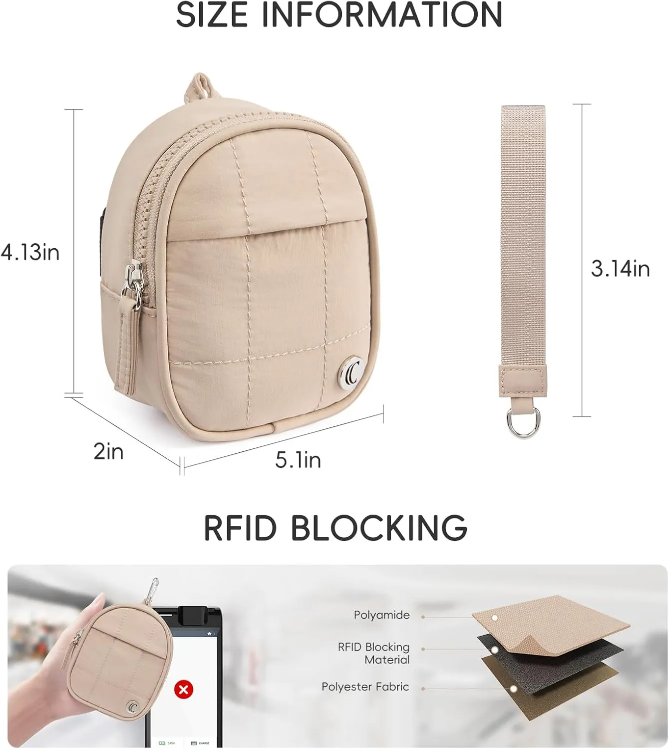 CLUCI Mini Backpack Keychain Wallet Small Change Quilted Coin Purse Cute Puffer Wristlet Pouch with 3 RFID Card Slots