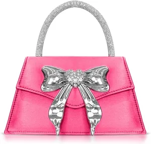 Clutch Purses for Women, Bow Evening Bag, Rhinestone Handle Tote Bag, Crossbody Bags for Wedding, Prom, Parties, Travel(Hot Pink)