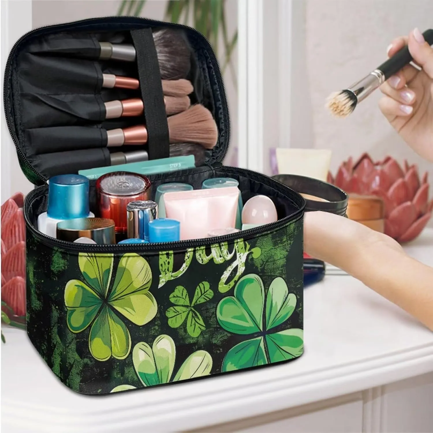 COEQINE Floral Makeup Bag for Womne Makeup Organizer 3 Pieces Happy St Paddy Day Makeup Bag for Purse Black Double Layer Cosmetick Case With Handles Portable Pu Coin Purse Mini Purse for WOmen