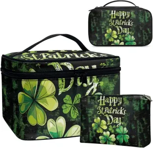 COEQINE Floral Makeup Bag for Womne Makeup Organizer 3 Pieces Happy St Paddy Day Makeup Bag for Purse Black Double Layer Cosmetick Case With Handles Portable Pu Coin Purse Mini Purse for WOmen