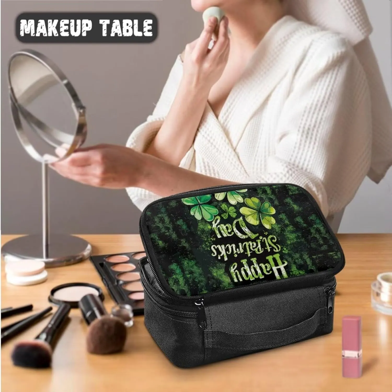 COEQINE Floral Makeup Bag for Womne Makeup Organizer 3 Pieces Happy St Paddy Day Makeup Bag for Purse Black Double Layer Cosmetick Case With Handles Portable Pu Coin Purse Mini Purse for WOmen