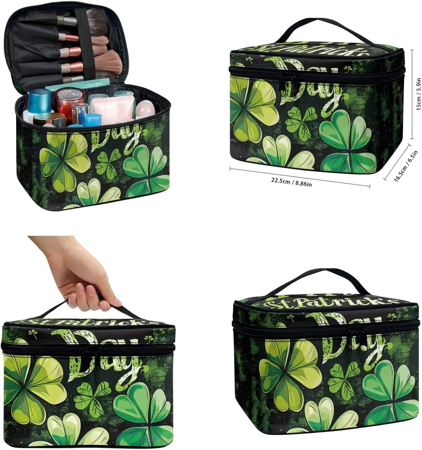 COEQINE Floral Makeup Bag for Womne Makeup Organizer 3 Pieces Happy St Paddy Day Makeup Bag for Purse Black Double Layer Cosmetick Case With Handles Portable Pu Coin Purse Mini Purse for WOmen