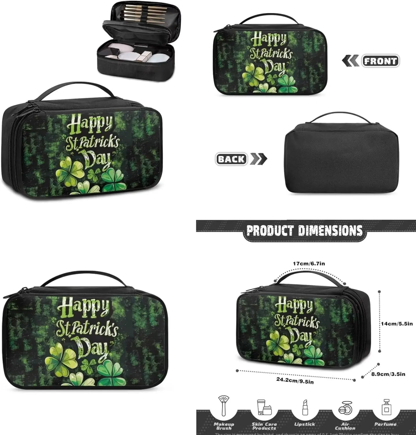 COEQINE Floral Makeup Bag for Womne Makeup Organizer 3 Pieces Happy St Paddy Day Makeup Bag for Purse Black Double Layer Cosmetick Case With Handles Portable Pu Coin Purse Mini Purse for WOmen