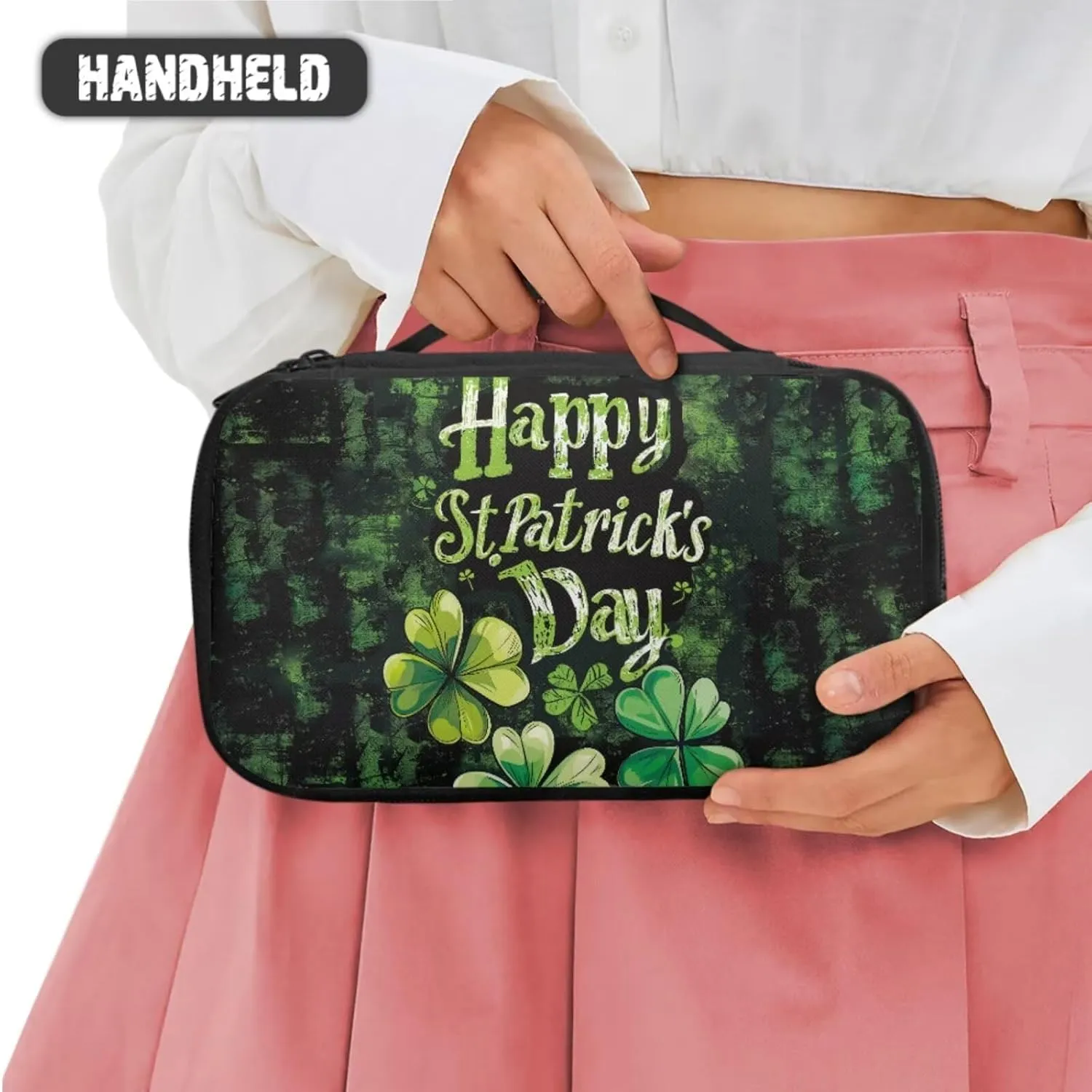 COEQINE Floral Makeup Bag for Womne Makeup Organizer 3 Pieces Happy St Paddy Day Makeup Bag for Purse Black Double Layer Cosmetick Case With Handles Portable Pu Coin Purse Mini Purse for WOmen