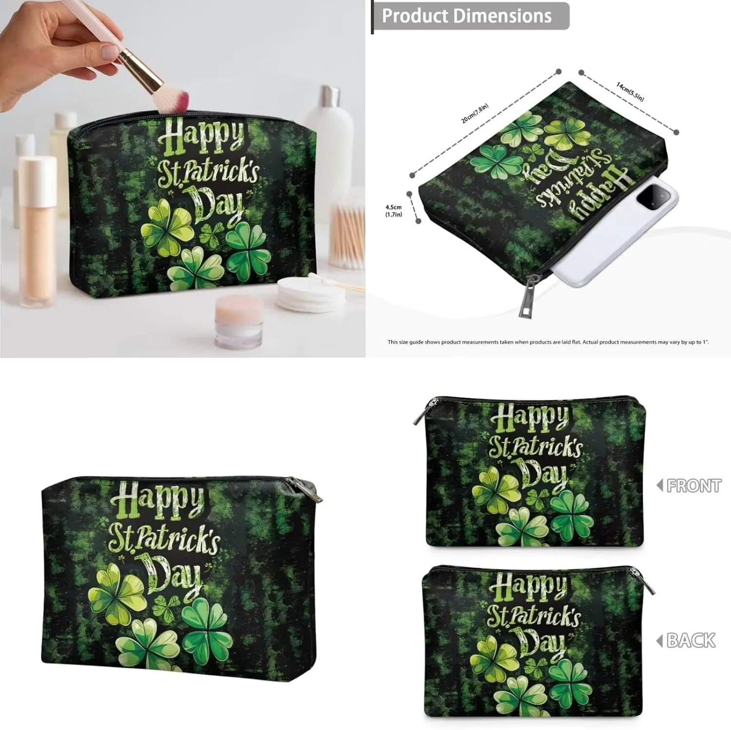 COEQINE Floral Makeup Bag for Womne Makeup Organizer 3 Pieces Happy St Paddy Day Makeup Bag for Purse Black Double Layer Cosmetick Case With Handles Portable Pu Coin Purse Mini Purse for WOmen