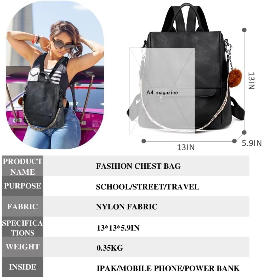 COFIHOME Backpack Purse for Women Ladies Backpack Vegan PU Leather Fashion Anti-theft Rucksack Waterproof Classic Print Daypack Shoulder Handbag Bag Security Casual Travel Hiking Knapsacks, Black