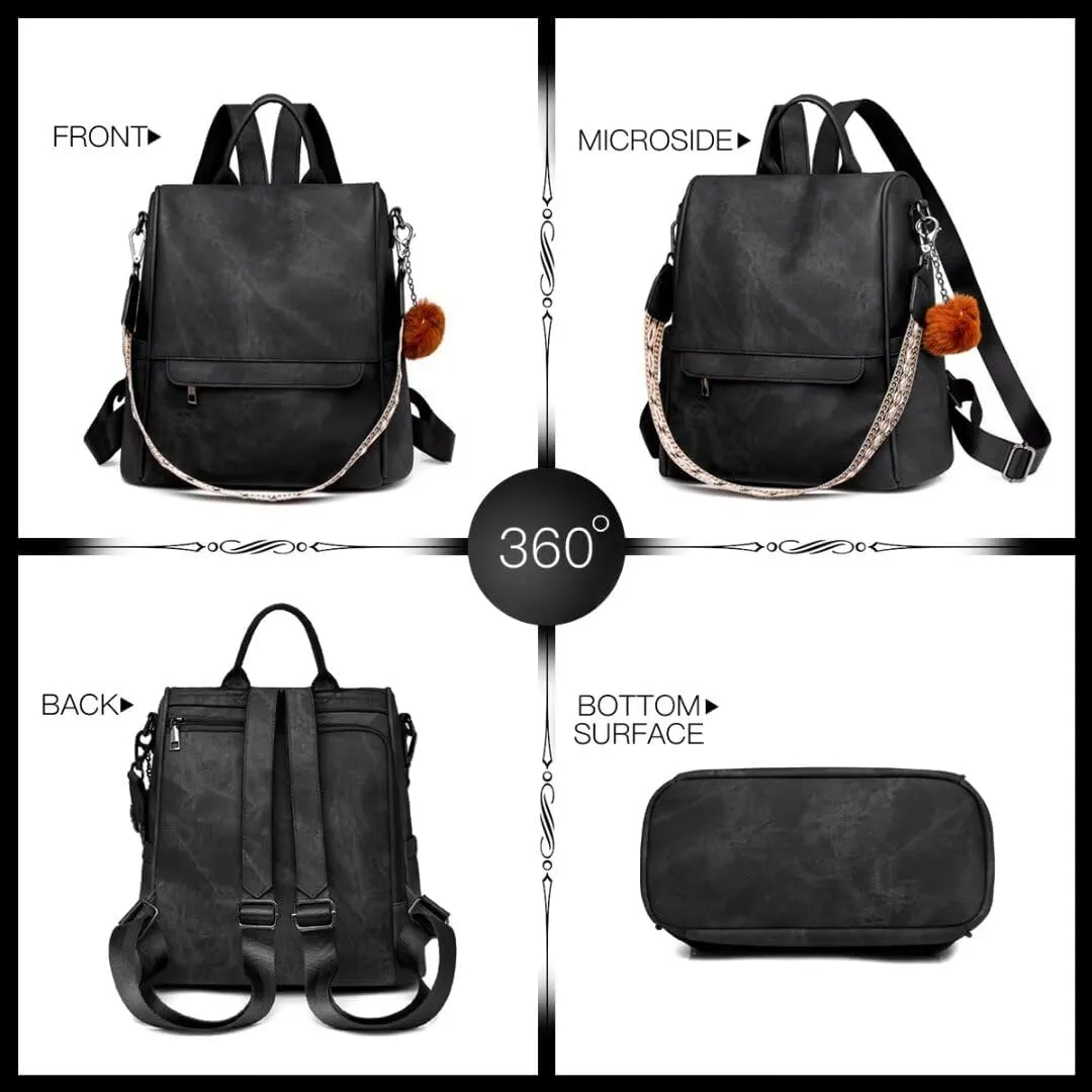 COFIHOME Backpack Purse for Women Ladies Backpack Vegan PU Leather Fashion Anti-theft Rucksack Waterproof Classic Print Daypack Shoulder Handbag Bag Security Casual Travel Hiking Knapsacks, Black