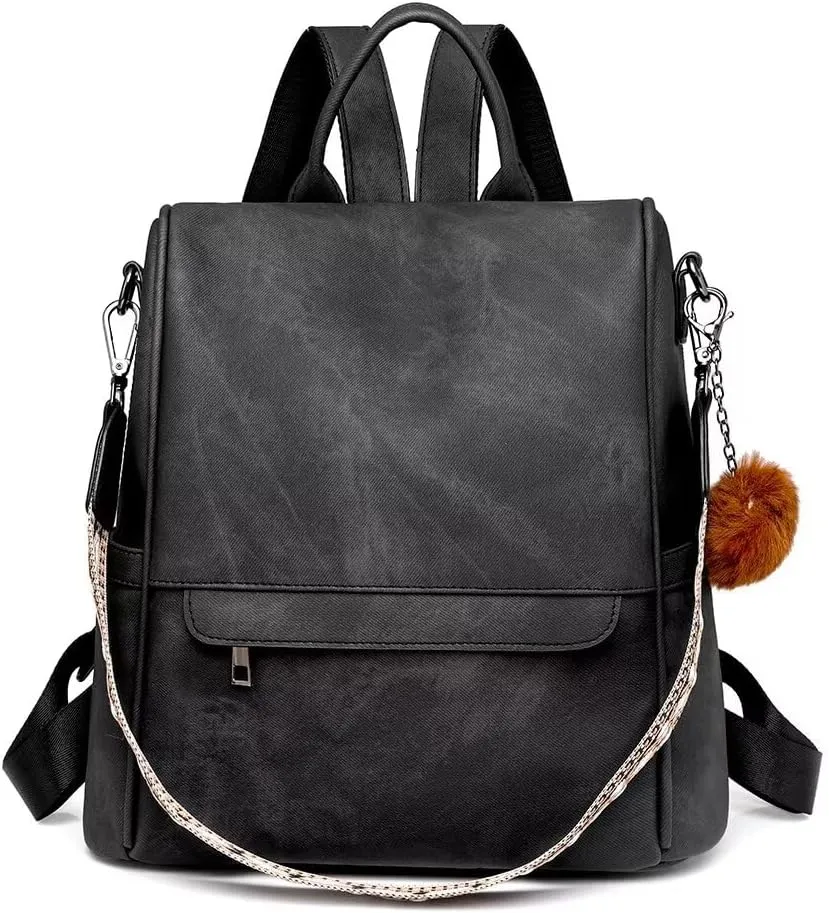COFIHOME Backpack Purse for Women Ladies Backpack Vegan PU Leather Fashion Anti-theft Rucksack Waterproof Classic Print Daypack Shoulder Handbag Bag Security Casual Travel Hiking Knapsacks, Black