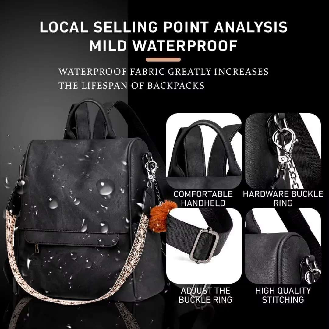 COFIHOME Backpack Purse for Women Ladies Backpack Vegan PU Leather Fashion Anti-theft Rucksack Waterproof Classic Print Daypack Shoulder Handbag Bag Security Casual Travel Hiking Knapsacks, Black