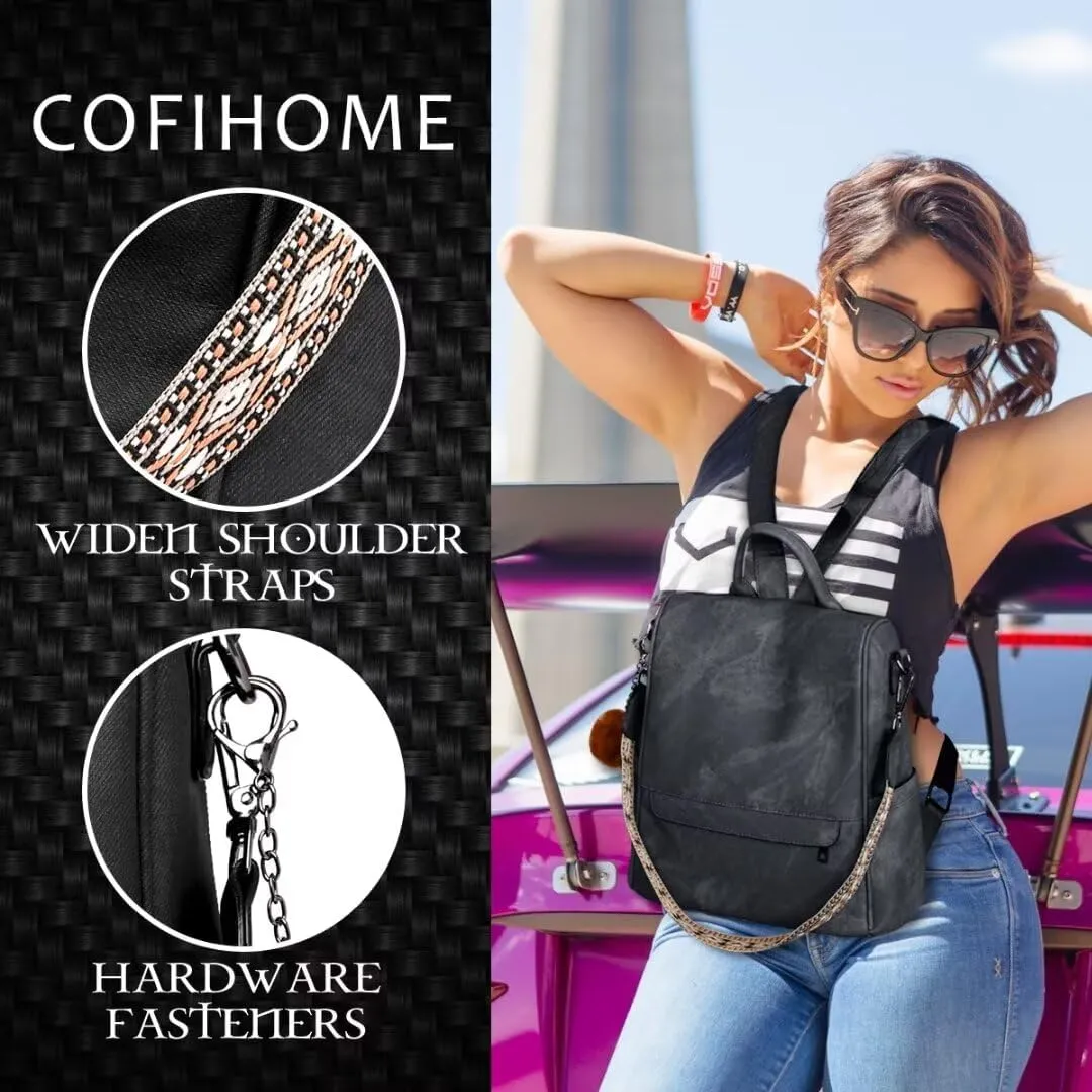 COFIHOME Backpack Purse for Women Ladies Backpack Vegan PU Leather Fashion Anti-theft Rucksack Waterproof Classic Print Daypack Shoulder Handbag Bag Security Casual Travel Hiking Knapsacks, Black