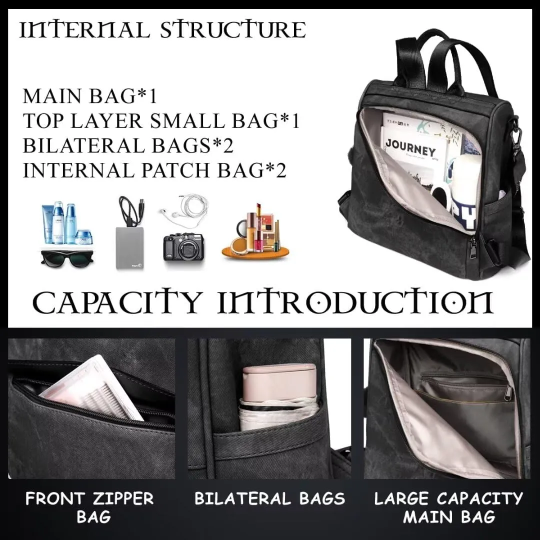 COFIHOME Backpack Purse for Women Ladies Backpack Vegan PU Leather Fashion Anti-theft Rucksack Waterproof Classic Print Daypack Shoulder Handbag Bag Security Casual Travel Hiking Knapsacks, Black