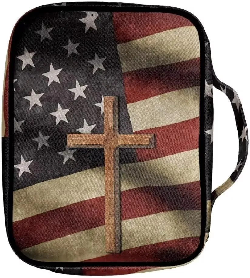 Coldinair American Flag Cross Bible Cover for Men and Women Bible Case Bible Carrier Carrying Organizer Purse Handbag with Zipper Pockets Church Bag