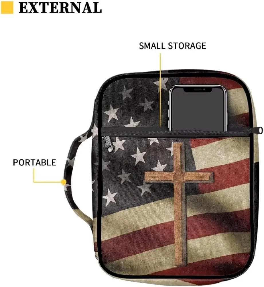 Coldinair American Flag Cross Bible Cover for Men and Women Bible Case Bible Carrier Carrying Organizer Purse Handbag with Zipper Pockets Church Bag