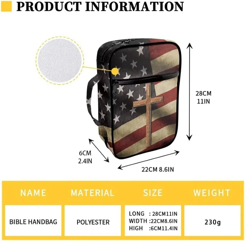 Coldinair American Flag Cross Bible Cover for Men and Women Bible Case Bible Carrier Carrying Organizer Purse Handbag with Zipper Pockets Church Bag