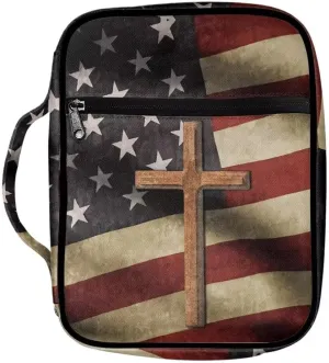 Coldinair American Flag Cross Bible Cover for Men and Women Bible Case Bible Carrier Carrying Organizer Purse Handbag with Zipper Pockets Church Bag