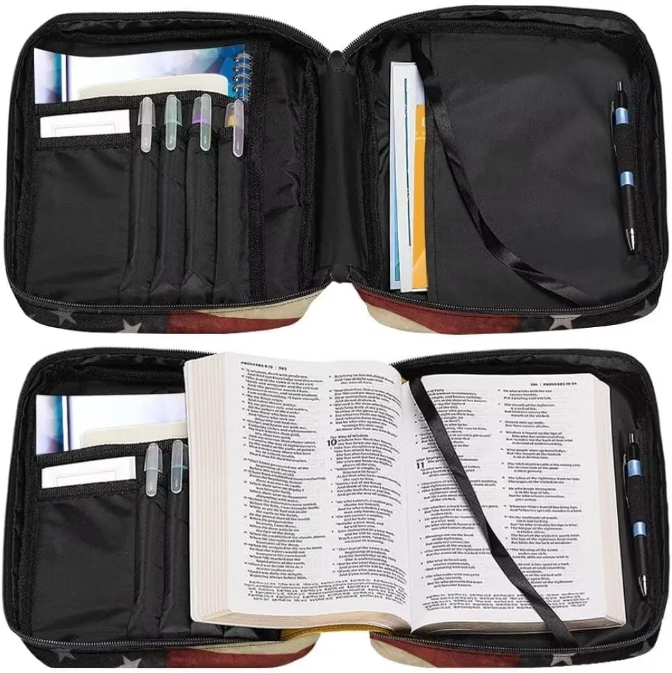 Coldinair American Flag Cross Bible Cover for Men and Women Bible Case Bible Carrier Carrying Organizer Purse Handbag with Zipper Pockets Church Bag