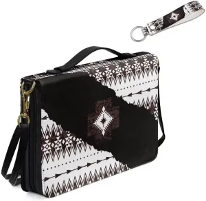 Coldinair Tribal Aztec Geometric PU Leather Bible Cover Large Bible Case for Women,Portable Carrying Book Case Church Bag with Keychain Bible Protective with Handle and Shoulder Strap