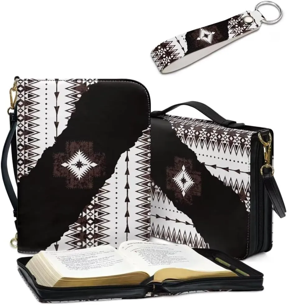 Coldinair Tribal Aztec Geometric PU Leather Bible Cover Large Bible Case for Women,Portable Carrying Book Case Church Bag with Keychain Bible Protective with Handle and Shoulder Strap