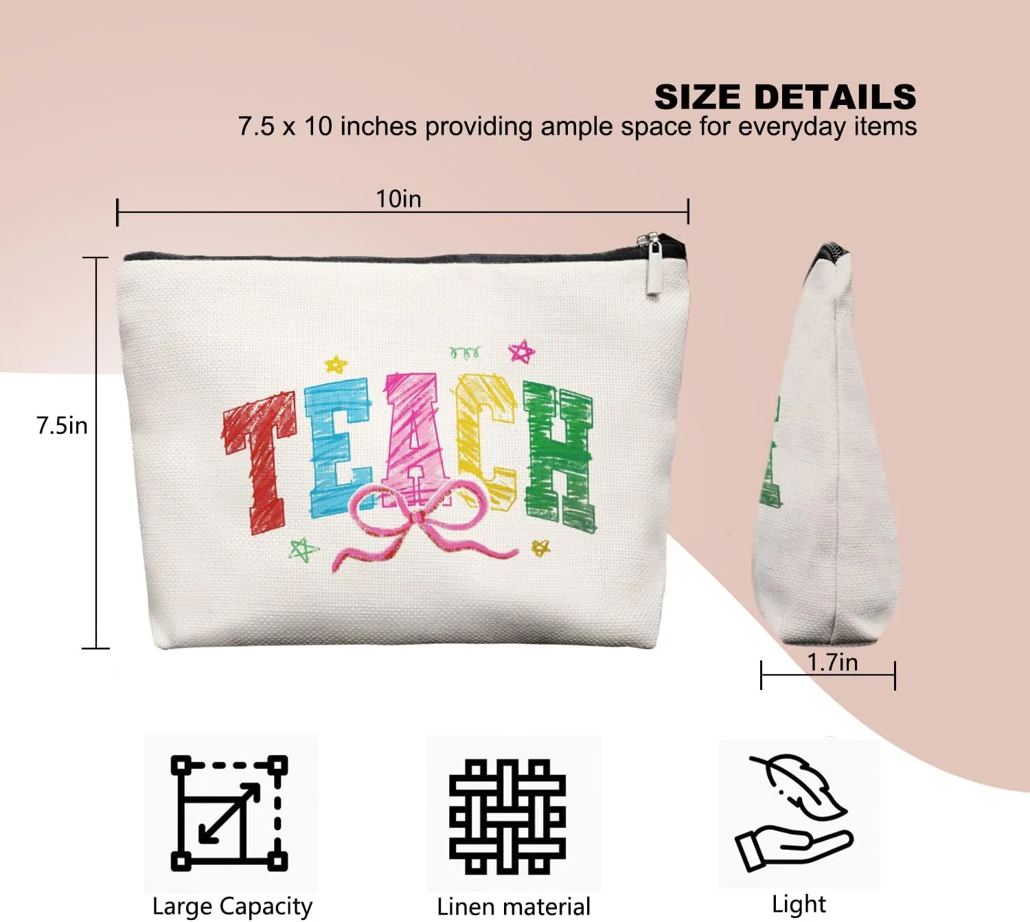 Colorful Crayon Teach Makeup Bag, Teacher Gift for Women, Cute Rainbow Pencil Style Zip Pouch for Back to School, Preschool Teacher Appreciation Cosmetic Bag for Her
