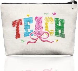 Colorful Crayon Teach Makeup Bag, Teacher Gift for Women, Cute Rainbow Pencil Style Zip Pouch for Back to School, Preschool Teacher Appreciation Cosmetic Bag for Her