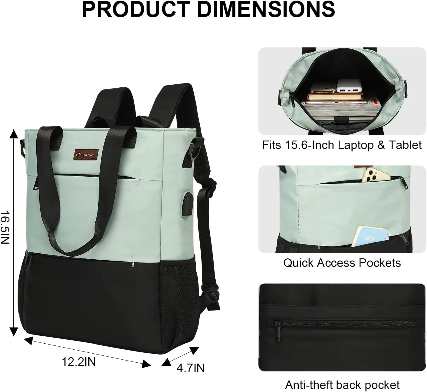 Convertible Backpack and Tote, Women's Laptop Backpack - Travel, Work, Nurse, Teacher, Carry-on for 15.6-Inch Laptops, Green