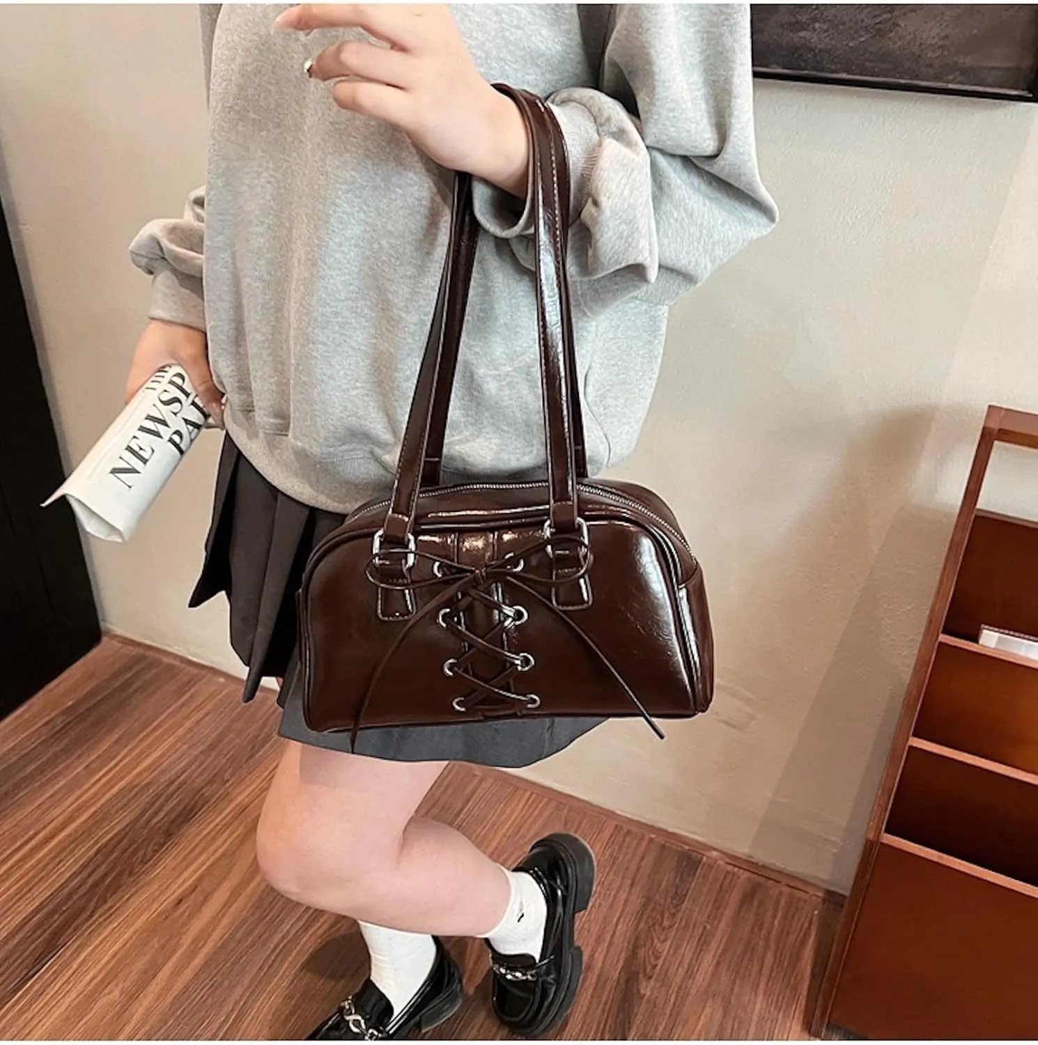Coquette Leather Shoulder Purse Bow Tie Balletcore Boston Bag Handbag Women Trendy Purse 2025