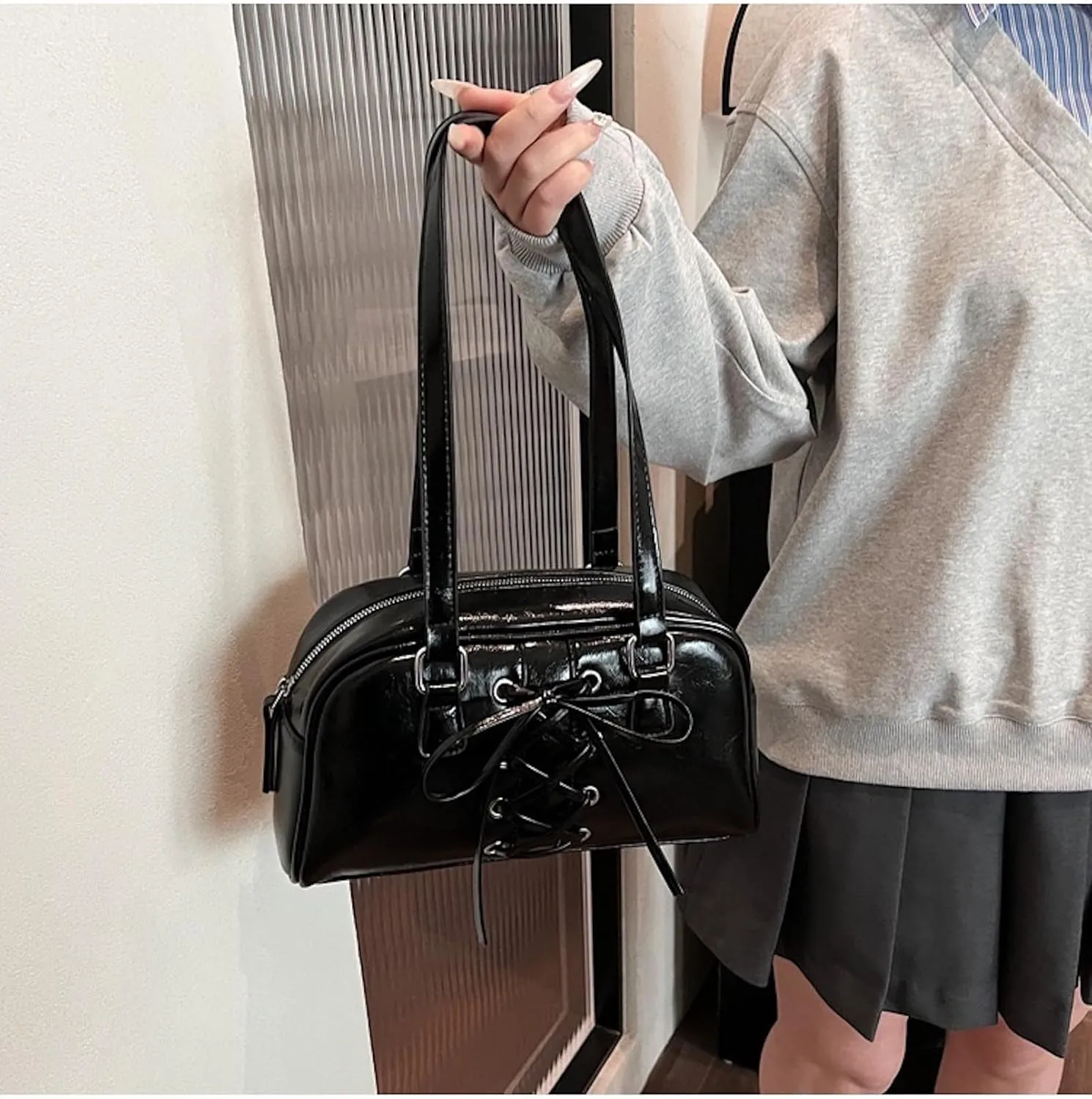Coquette Leather Shoulder Purse Bow Tie Balletcore Boston Bag Handbag Women Trendy Purse 2025