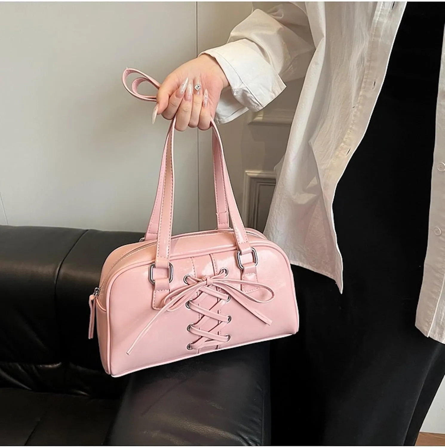 Coquette Leather Shoulder Purse Bow Tie Balletcore Boston Bag Handbag Women Trendy Purse 2025