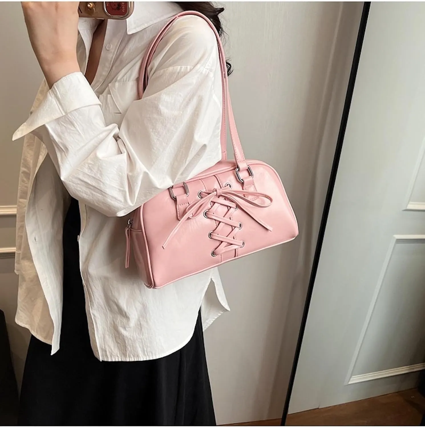 Coquette Leather Shoulder Purse Bow Tie Balletcore Boston Bag Handbag Women Trendy Purse 2025
