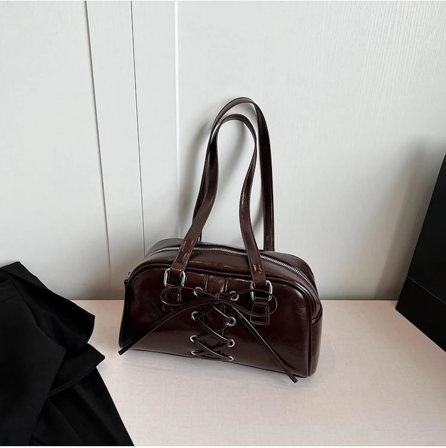 Coquette Leather Shoulder Purse Bow Tie Balletcore Boston Bag Handbag Women Trendy Purse 2025