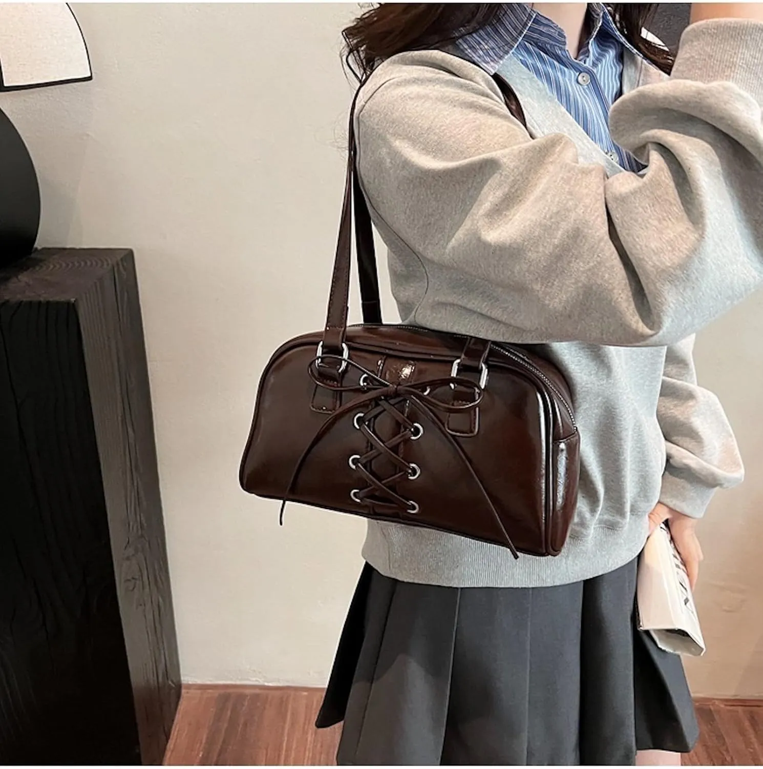 Coquette Leather Shoulder Purse Bow Tie Balletcore Boston Bag Handbag Women Trendy Purse 2025