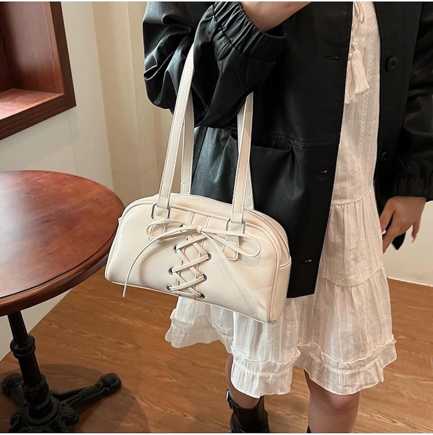 Coquette Leather Shoulder Purse Bow Tie Balletcore Boston Bag Handbag Women Trendy Purse 2025