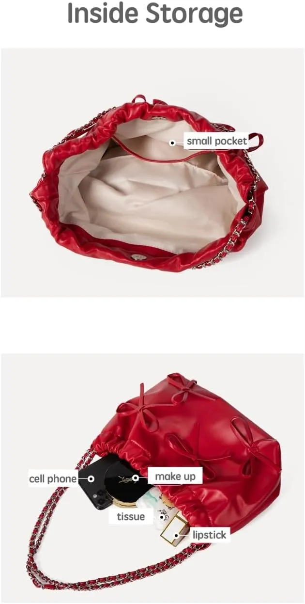 Coquette Shoulder Bag Women Bow Tie Balletcore Crossbody Bag Adjustable PU Leather Shoulder Purse Bucket Bag