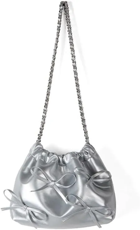 Coquette Shoulder Bag Women Bow Tie Balletcore Crossbody Bag Adjustable PU Leather Shoulder Purse Bucket Bag